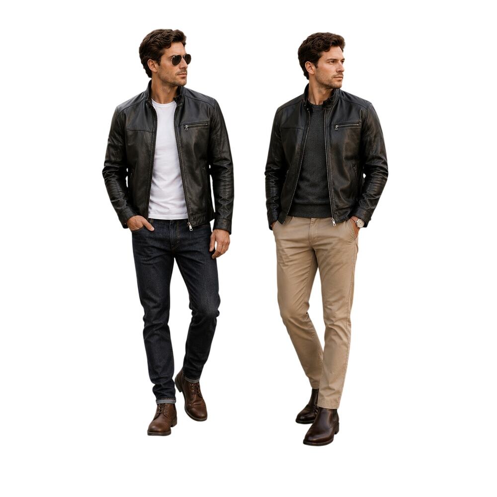 Boston Harbor Leather Jacket Men Black Full Zip Bomber Moto Casual Classic Coat